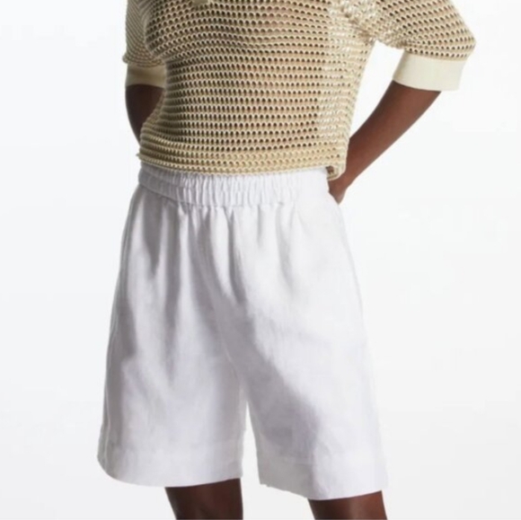 COS Pants - COS Linen Elastic Drawstring High Waisted White Bermuda Shorts